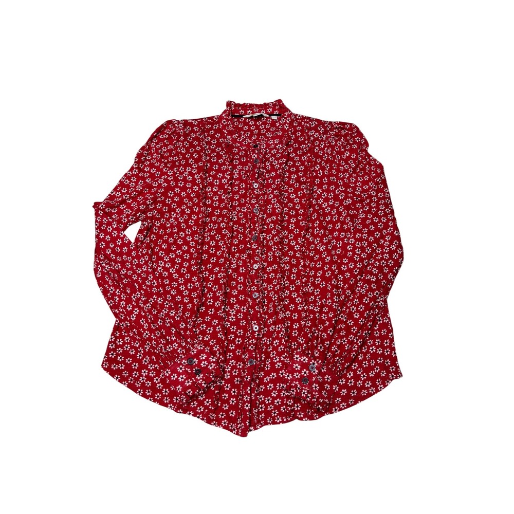 Boden Red White Floral Daisy Ruffle Neck Button Down Blouse Womens US 10R